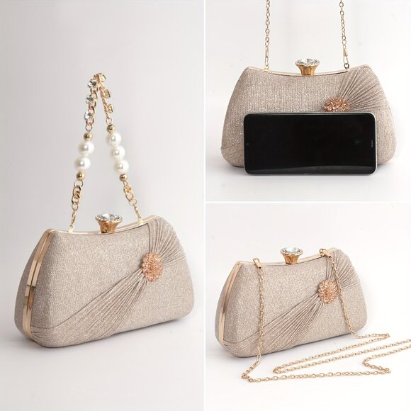 Champagne Pleated Badge Bag Shiny Rhinestone Pearl Bracelet Clutch Crossbody - Picture 3 of 7